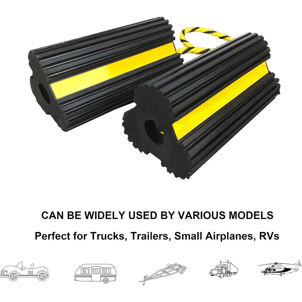 Heavy Duty Rubber Dual Wheel Chocks, Stoppers, Nylon Rope Yellow Reflective Tape - Picture 4 of 6